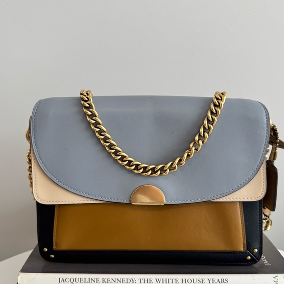 Coach Handbags - Coach Leather Charm Dreamer Flap Messenger Bag Navy Tan Beige Gold